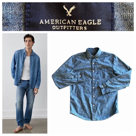 American Eagle Button Down Shirt Cotton Small Men’s Blue Minimalist - Picture 2 of 9